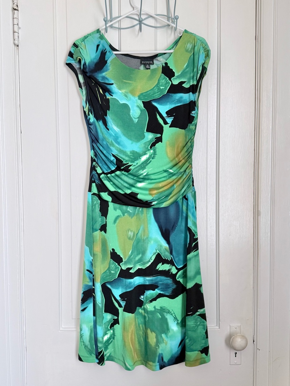 Enfocus Studio Green and Teal Abstract Cap Sleeve Dress